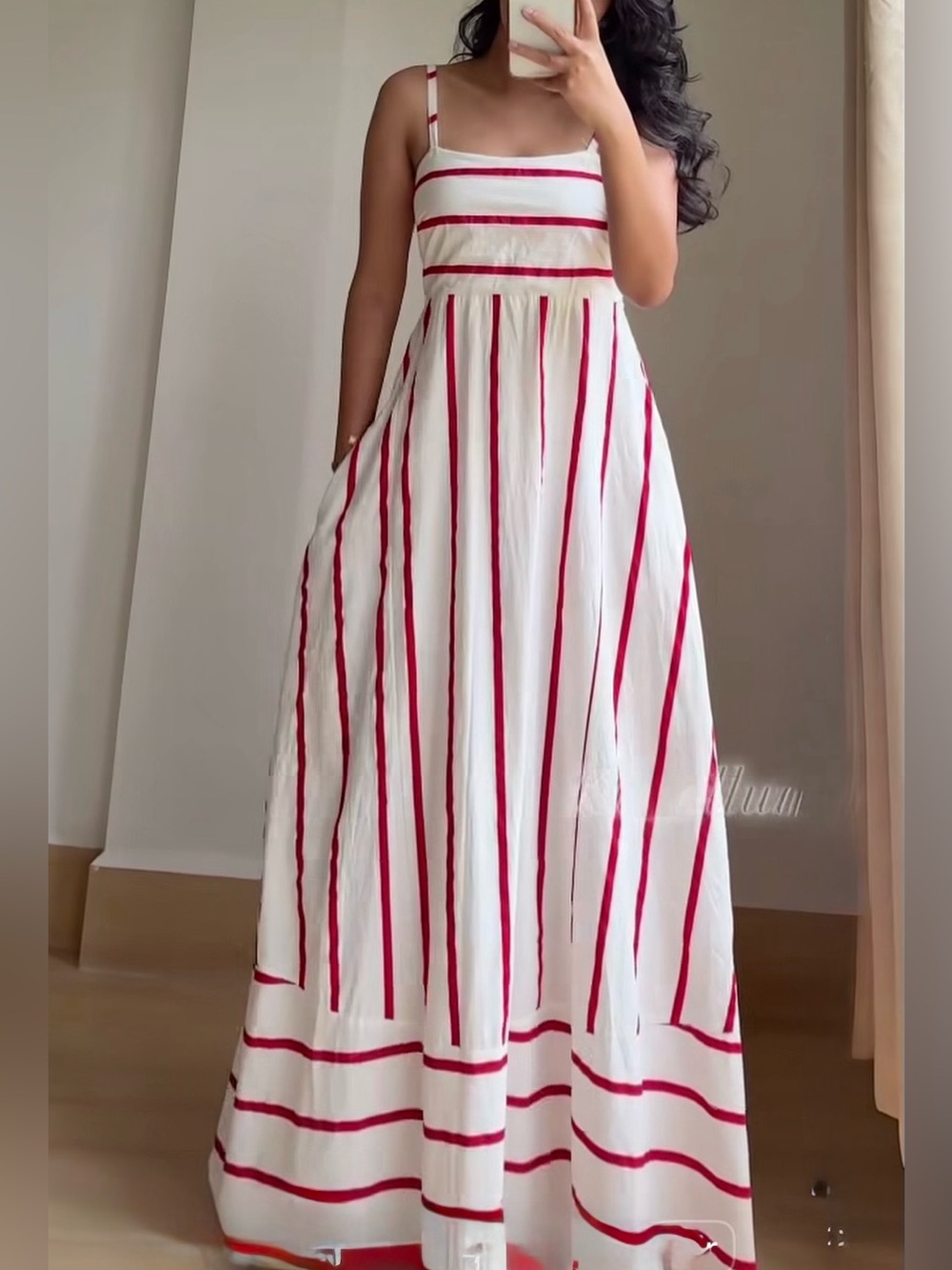 Japna White Dress with Red Vertical Stripes and Spaghetti Straps